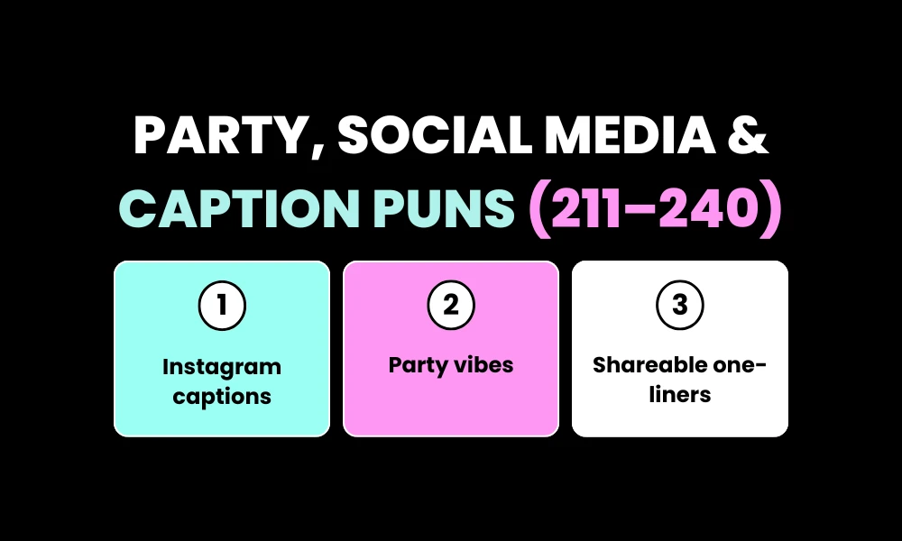 Party, Social Media & Caption Puns (211–240)
