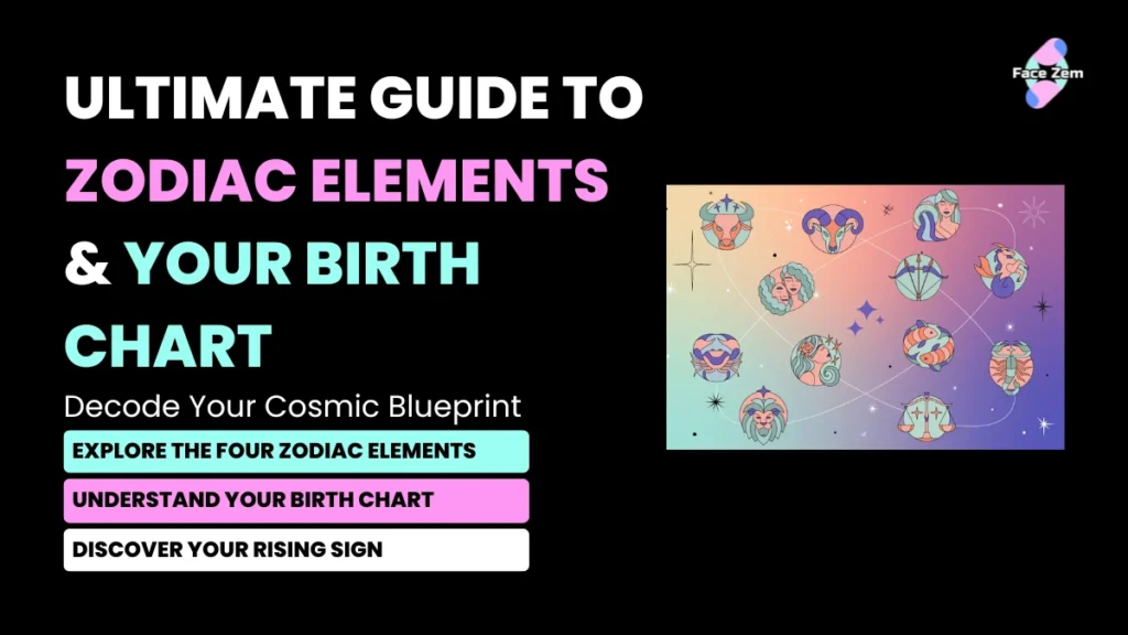 An official graphic banner for the Ultimate Guide to Zodiac Elements and Your Birth Chart by FaceZem