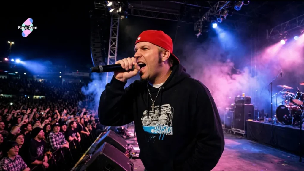 Fred Durst performing live on stage holding a microphone in a red baseball cap
