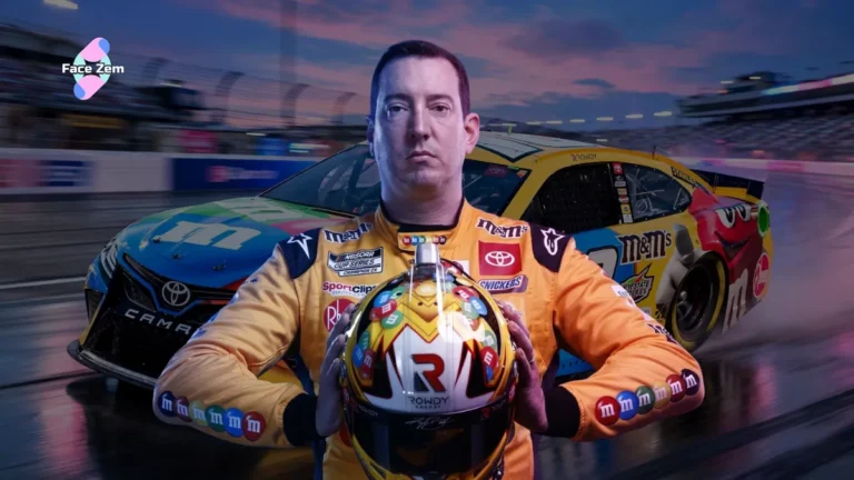 Kyle Busch holding racing helmet in front of his M&Ms race car