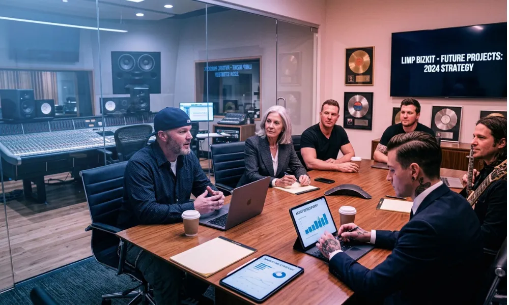 Facezem | Fred Durst Net Worth: How the Limp Bizkit Frontman Built His Fortune, Career and Legacy Fred Durst leading a music industry business meeting in a recording studio office