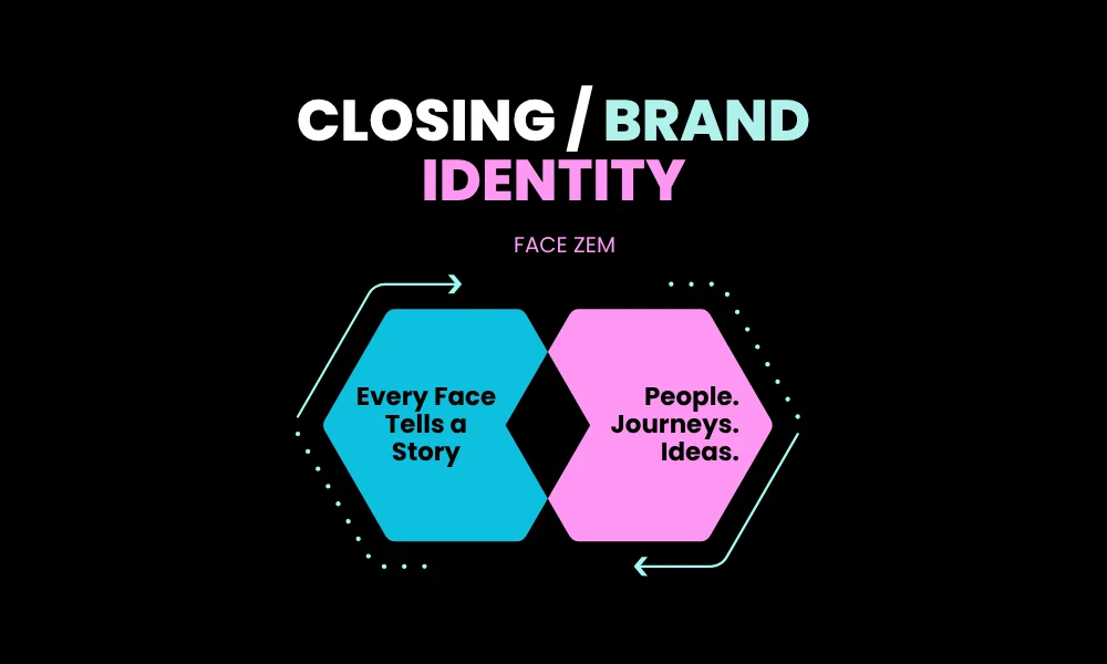Brand identity graphic featuring interconnected shapes displaying 'Every Face Tells a Story' and 'People. Journeys. Ideas.'