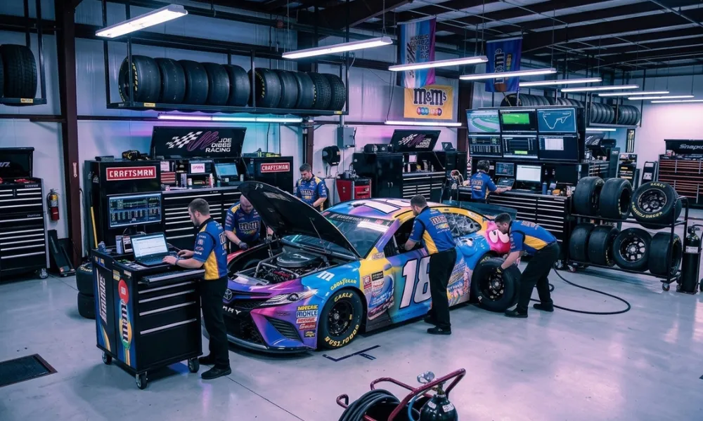 Pit crew working on Kyle Busch's race car inside the team garage