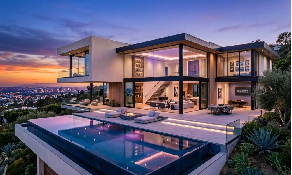 Facezem | Fred Durst Net Worth: How the Limp Bizkit Frontman Built His Fortune, Career and Legacy Modern luxury mansion exterior with infinity pool overlooking city lights at sunset