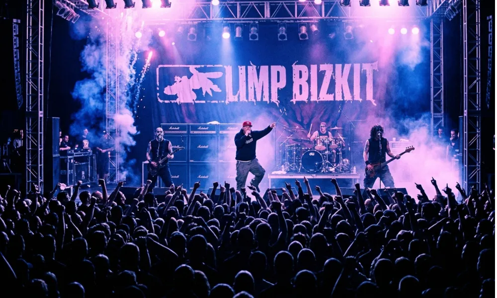 Facezem | Fred Durst Net Worth: How the Limp Bizkit Frontman Built His Fortune, Career and Legacy Limp Bizkit performing together live on a large concert stage with pyrotechnics