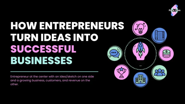 Illustration titled 'How Entrepreneurs Turn Ideas Into Successful Businesses' showing icons for ideas, strategy, funding, and growth.