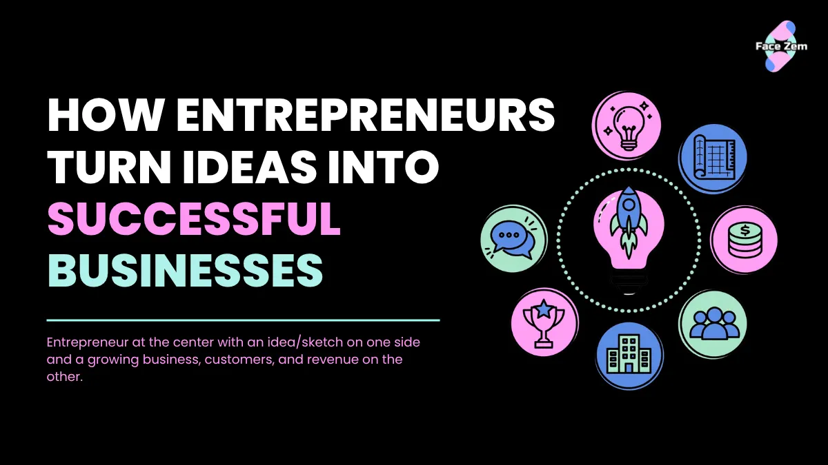 Illustration titled 'How Entrepreneurs Turn Ideas Into Successful Businesses' showing icons for ideas, strategy, funding, and growth.