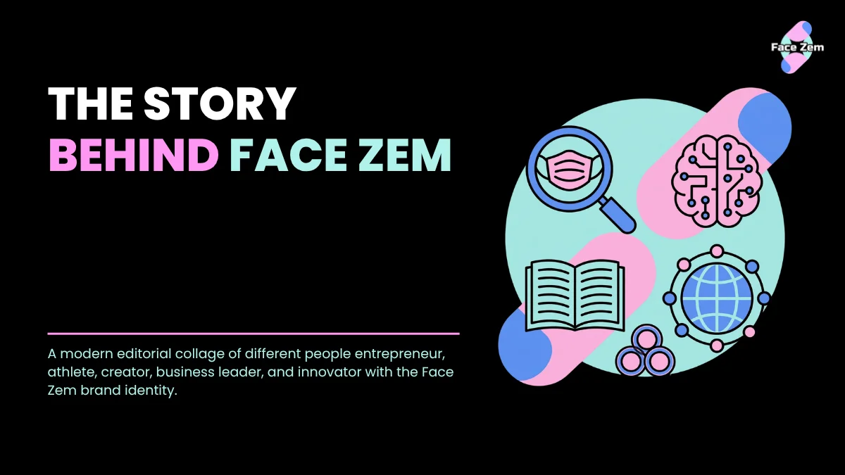Graphic titled 'The Story Behind Face Zem' with editorial icons representing storytelling, technology, and global culture against a dark background.