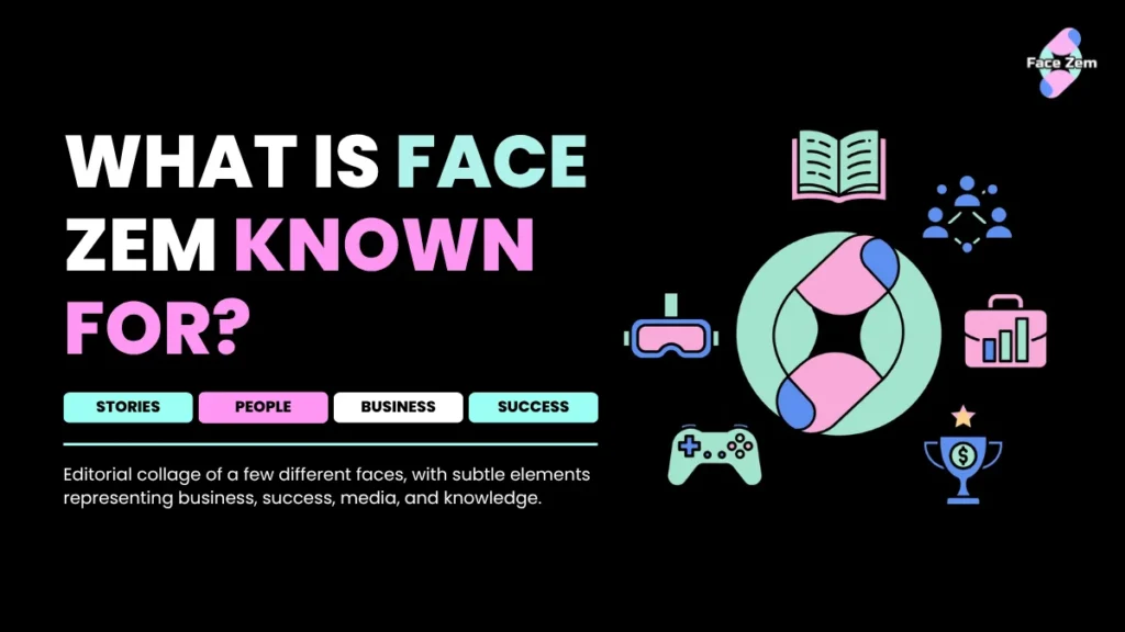 Face Zem platform diagram illustrating stories, tech, community, and success.