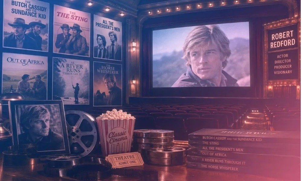 Facezem | Robert Redford: Net Worth, Movies, Sundance and the Legacy He Built Beyond Hollywood Robert Redford framed next to a filmstrip and Hollywood sign background