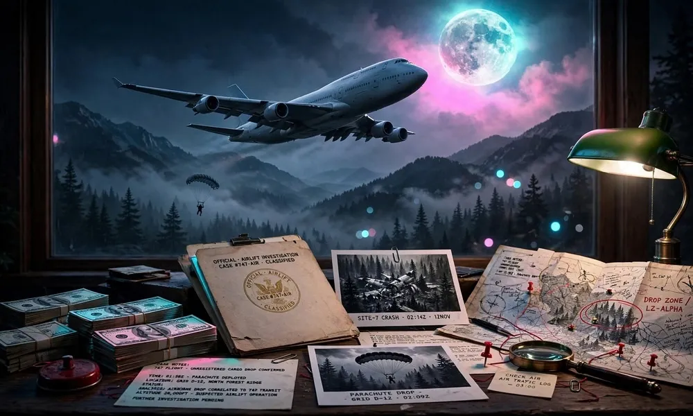 Investigator desk by a window with a parachute jumper descending near mountains, a flying passenger airliner, cash stacks, maps, and FBI case files.