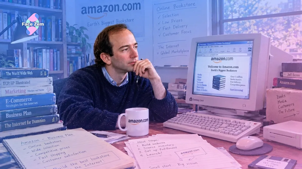 Jeff Bezos sitting at a retro desk with a 1990s computer displaying the early Amazon.com homepage surrounded by books and notes