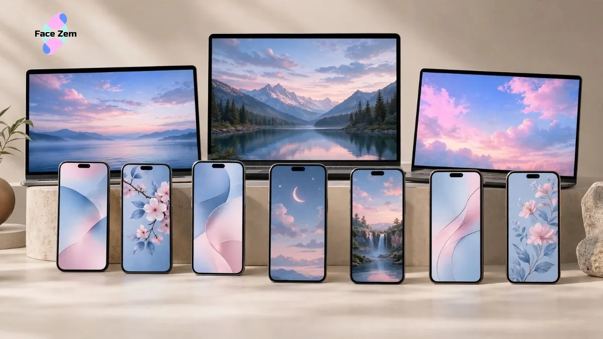 Collection of laptops and smartphones displaying various aesthetic wallpapers on a studio background