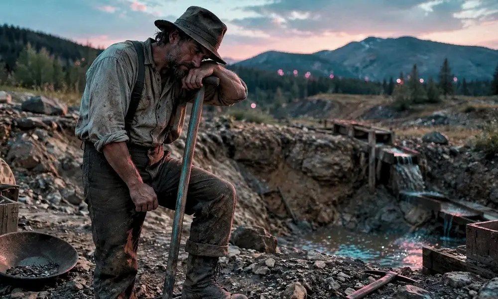 A weary prospector resting with a shovel next to a dirt mine trench and a water sluice.