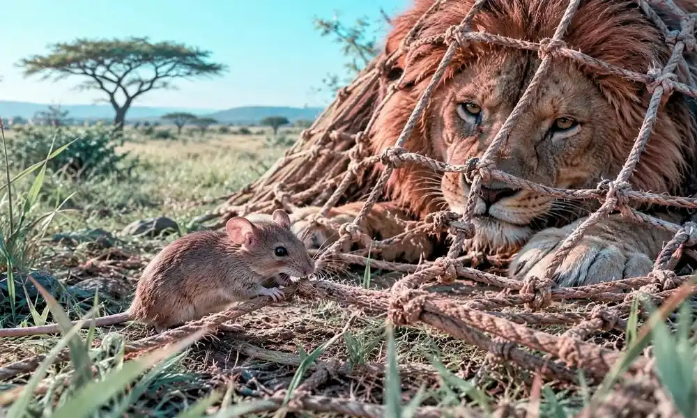 A tiny mouse chewing through the ropes of a large net to free a trapped lion.