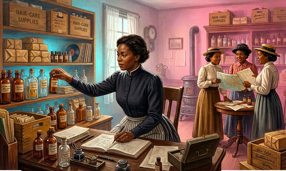 An illustrated depiction of Madam C. J. Walker working at her desk organizing products and ledgers.