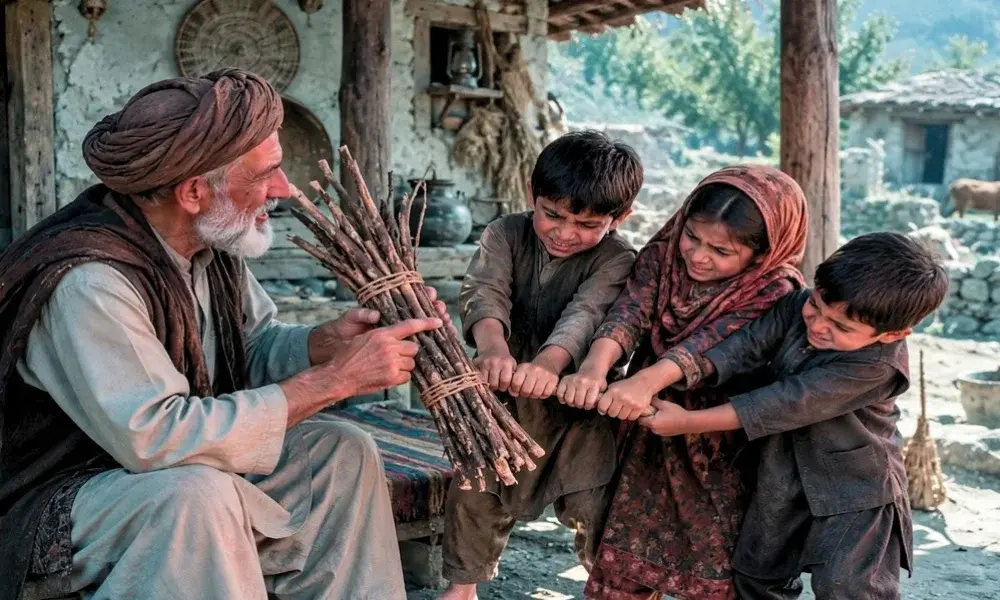 An old man showing a bundle of sticks to children who are trying to break them.
