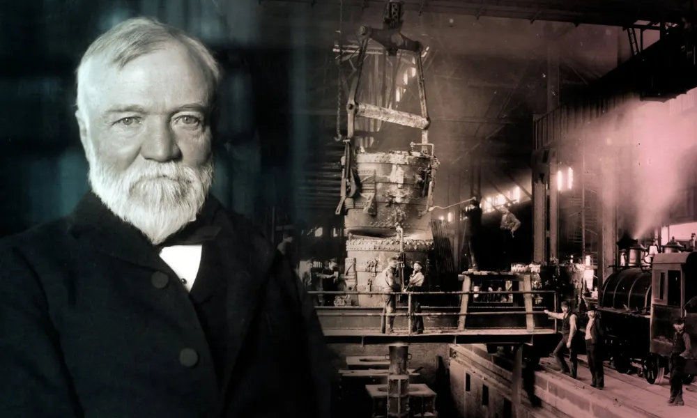 A composite portrait of Andrew Carnegie alongside a historical steel mill factory floor with workers and machinery-Rags-to-Riches Stories