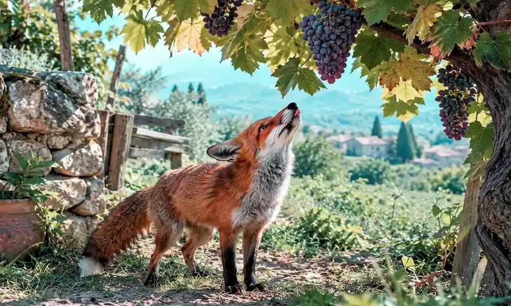 A red fox looking up longingly at sweet purple grapes hanging high on a vine.