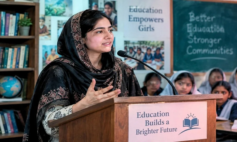 Malala Yousafzai speaking at a podium in front of a classroom with an education banner.