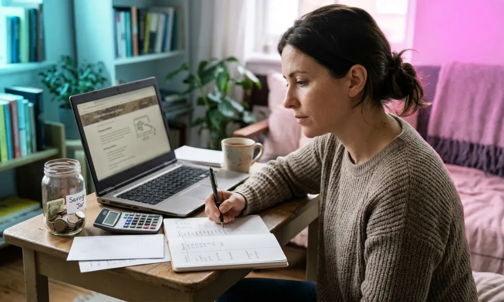 A person at a desk working on a laptop while budgeting with a calculator, notebook, and a savings jar-Rags-to-Riches Stories