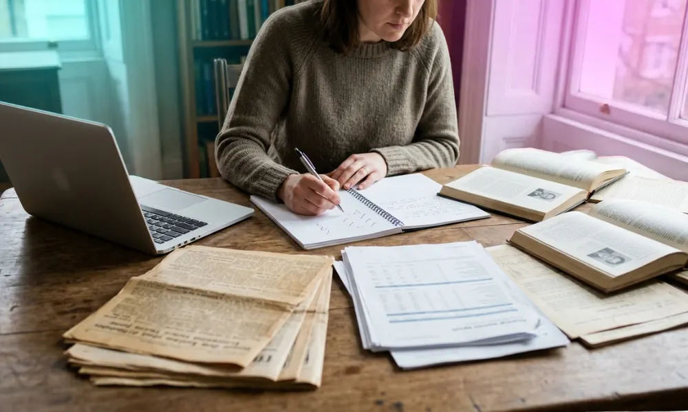 A person working at a wooden desk surrounded by open reference books, research notes, and documents-Rags-to-Riches Stories