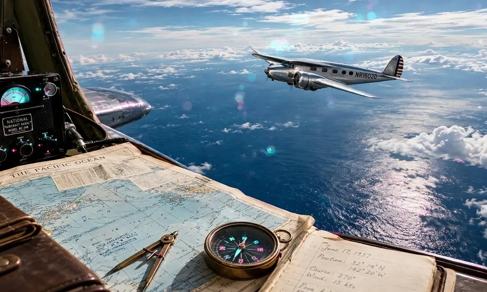 Cockpit view showing navigation maps, compass, and radio equipment with a silver Lockheed Electra aircraft flying over the vast Pacific Ocean.