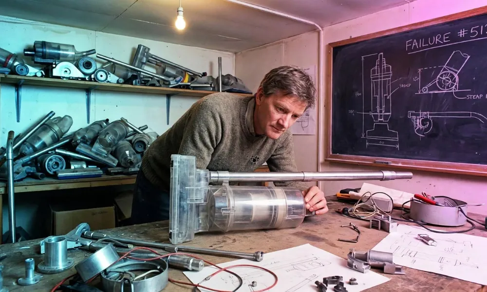 James Dyson working at a workbench surrounded by vacuum prototypes-Real Life Inspiring Stories