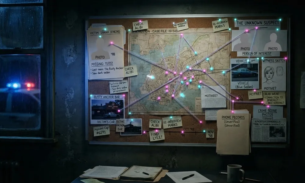Facezem | True Crime Cases: Famous, Unsolved, and Important Cases Illuminated crime board with suspect photos, victim profile card, map connections, and evidence notes in a dark office.