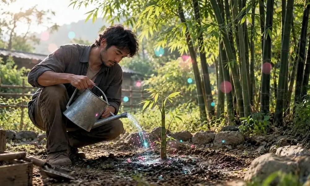 A man watering a young bamboo shoot in a garden filled with tall bamboo stalks.
