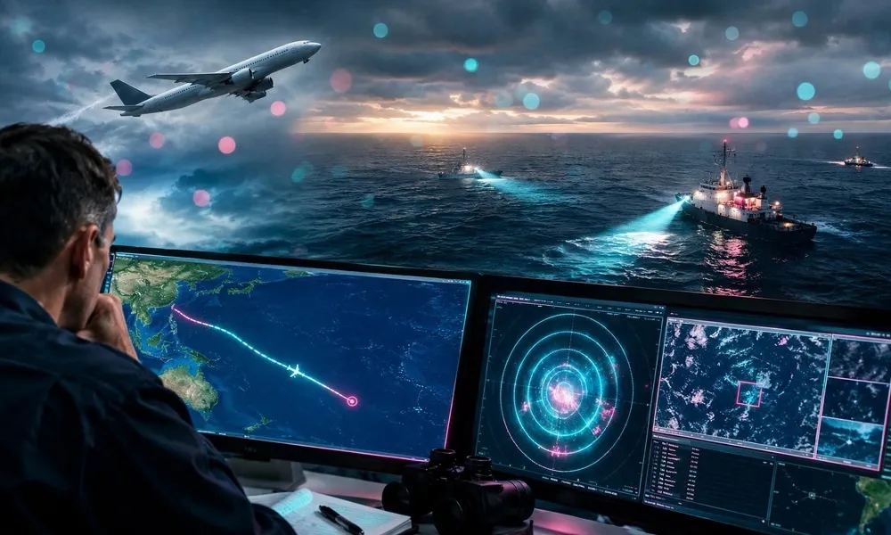 Radar monitoring station display showing flight trajectory maps and satellite data screens overseeing search vessels on dark ocean waters.