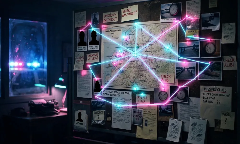 Facezem | True Crime Cases: Famous, Unsolved, and Important Cases Evidence board glowing with LED string markers mapping connections between suspect photos, clock evidence, and map locations.