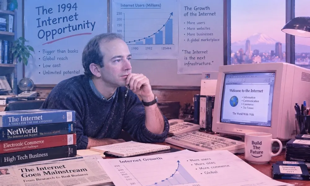 Facezem | How Did Jeff Bezos Start Amazon? The Story Behind Its Beginning Jeff Bezos looking thoughtful next to charts illustrating internet user growth and business opportunities in 1994