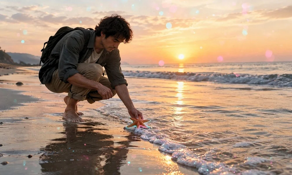 A person crouching on a sandy beach at sunset, gently returning a starfish to the ocean waves.