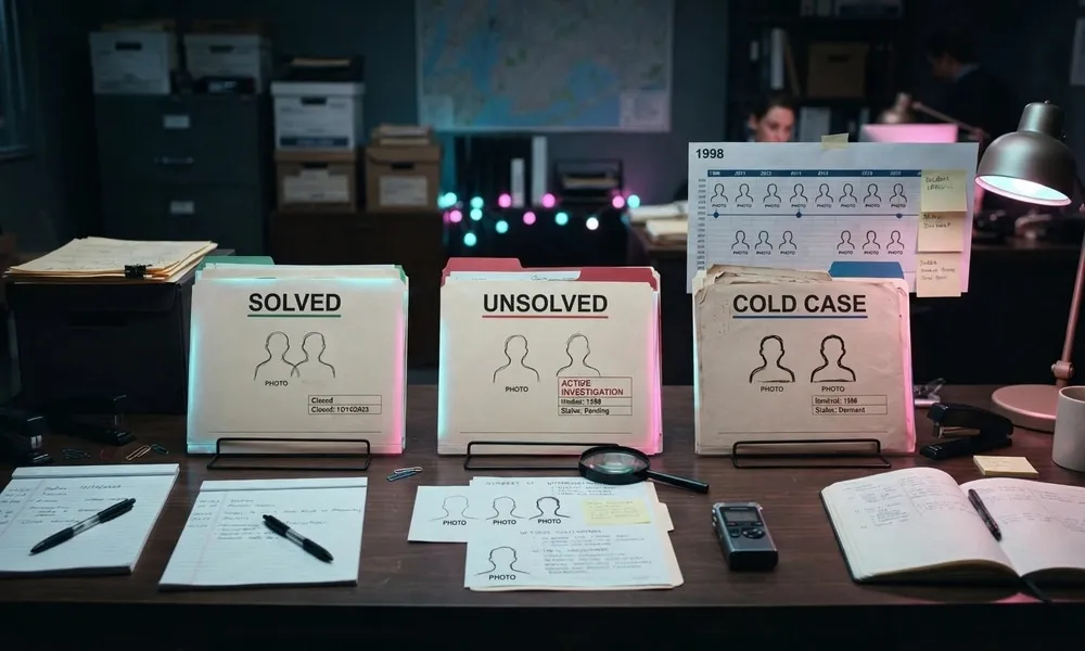 Facezem | True Crime Cases: Famous, Unsolved, and Important Cases Three organized case file folders on a desk labeled Solved, Unsolved, and Cold Case with suspect profiles and timeline charts.