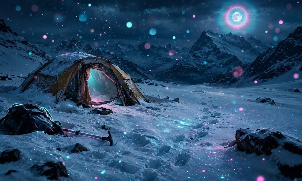 Glowing campsite tent half-buried in deep snow on a dark mountain slope in the Ural Mountains under a full moon.