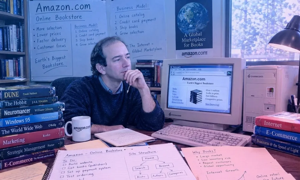 Facezem | How Did Jeff Bezos Start Amazon? The Story Behind Its Beginning Retro desk setup with stacks of books, handwritten Amazon notes titled Why Books, and a monitor showing the early website