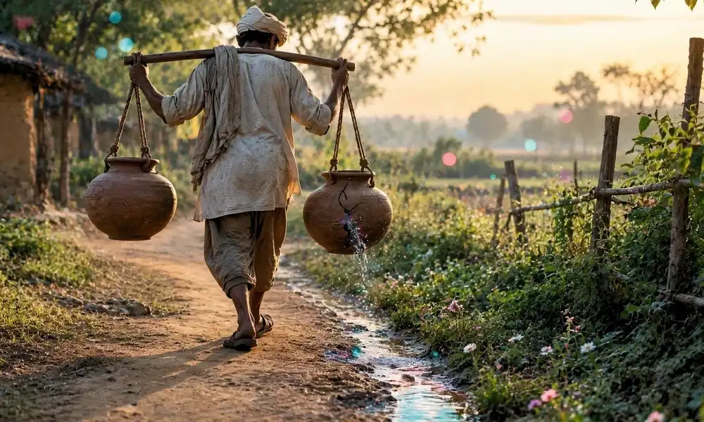 A water bearer walking along a path carrying two clay pots on a shoulder pole, with water leaking from a crack and watering blooming flowers.