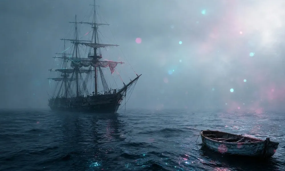Abandon merchant brig floating on a misty, calm ocean with an empty wooden lifeboat drifting nearby in the foreground.