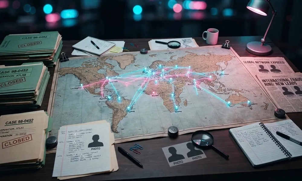 Facezem | True Crime Cases: Famous, Unsolved, and Important Cases Global world map on an investigator's desk connected with glowing illuminated network lines alongside closed case files.