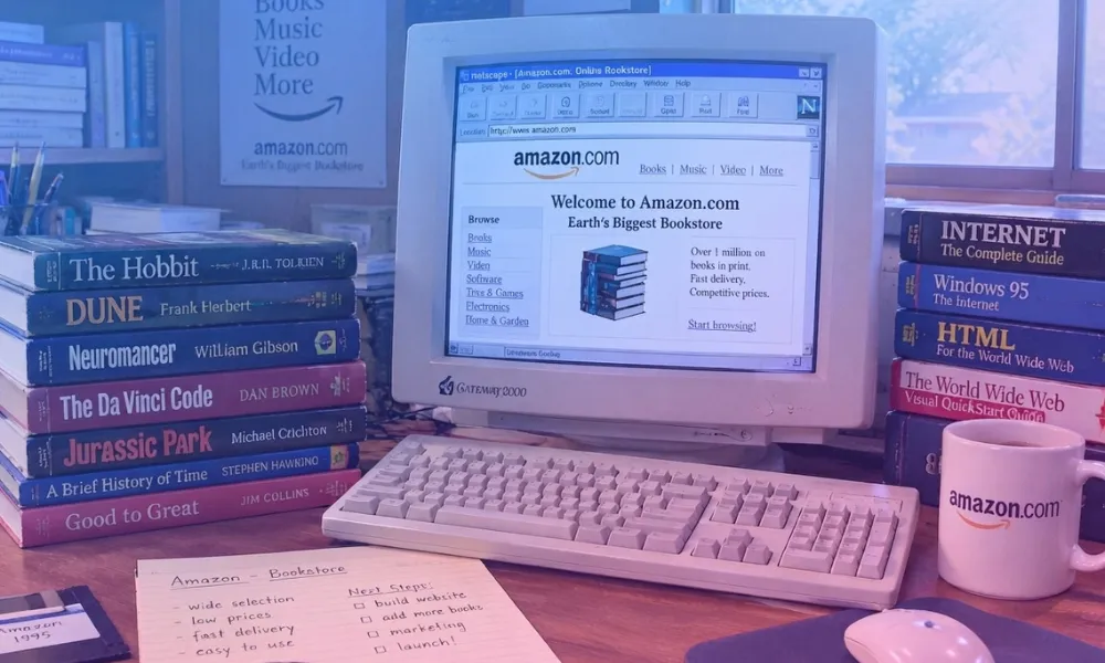 Facezem | How Did Jeff Bezos Start Amazon? The Story Behind Its Beginning A Gateway 2000 CRT monitor showing the original Amazon.com website homepage on a Netscape web browser in 1995