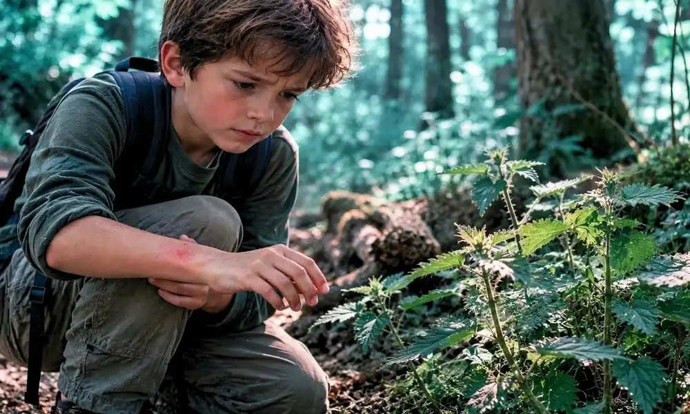 A young boy looking closely at his stung hand while sitting near a green nettle plant in the woods.