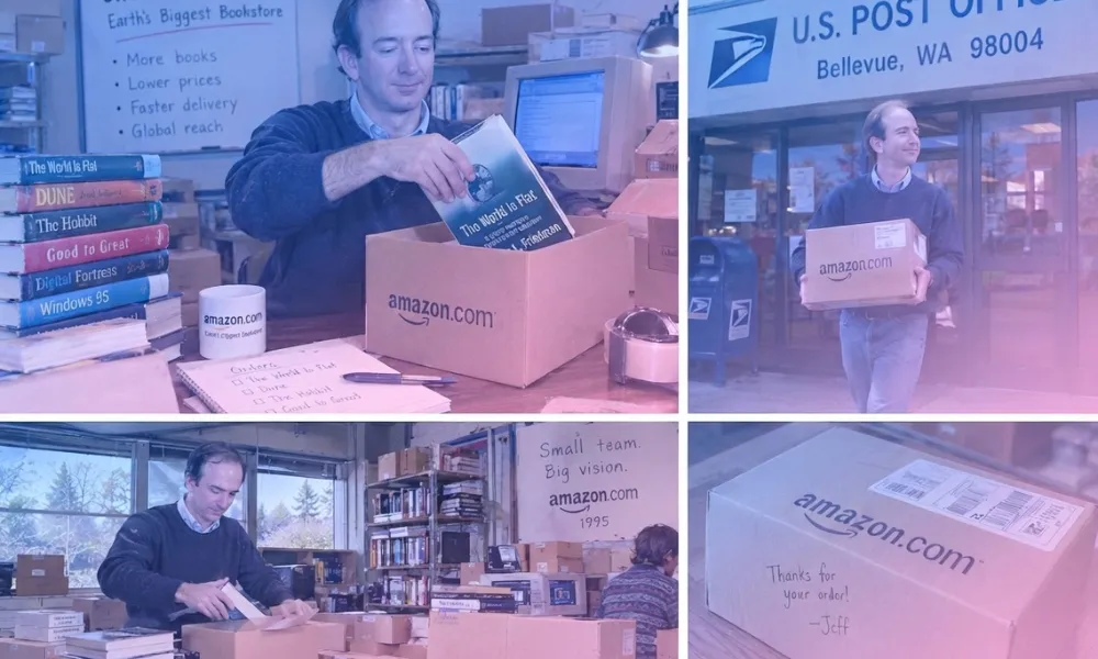 Facezem | How Did Jeff Bezos Start Amazon? The Story Behind Its Beginning Collage showing Jeff Bezos packing book orders in cardboard boxes and carrying them to the Bellevue post office