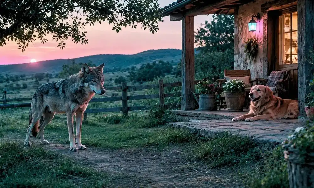 A wild wolf standing at sunset outside a rustic country house where a well-fed dog rests on the porch.