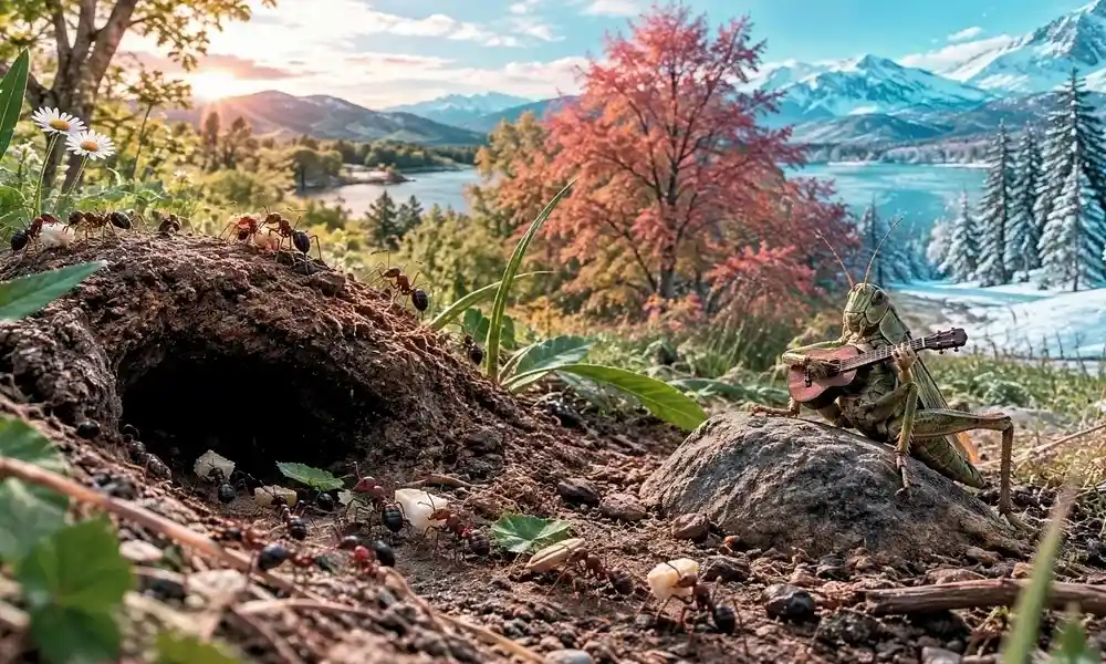 Hardworking ants carrying food near their anthill while a grasshopper plays a tiny guitar nearby against a scenic seasonal backdrop.