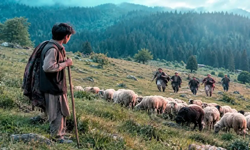 A shepherd boy watching his flock of sheep on a grassy hillside as villagers rush up the slope to help.