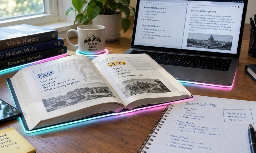 An open research book with notes highlighting facts versus stories next to a laptop and a coffee mug.
