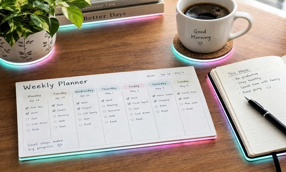 A weekly planner desk setup featuring a coffee mug, notebook, and checklist for planning daily action steps.