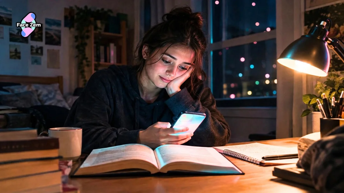 Motivational Stories With Morals: A student studying late at night at a desk reading notes and looking at a smartphone under a desk lamp.