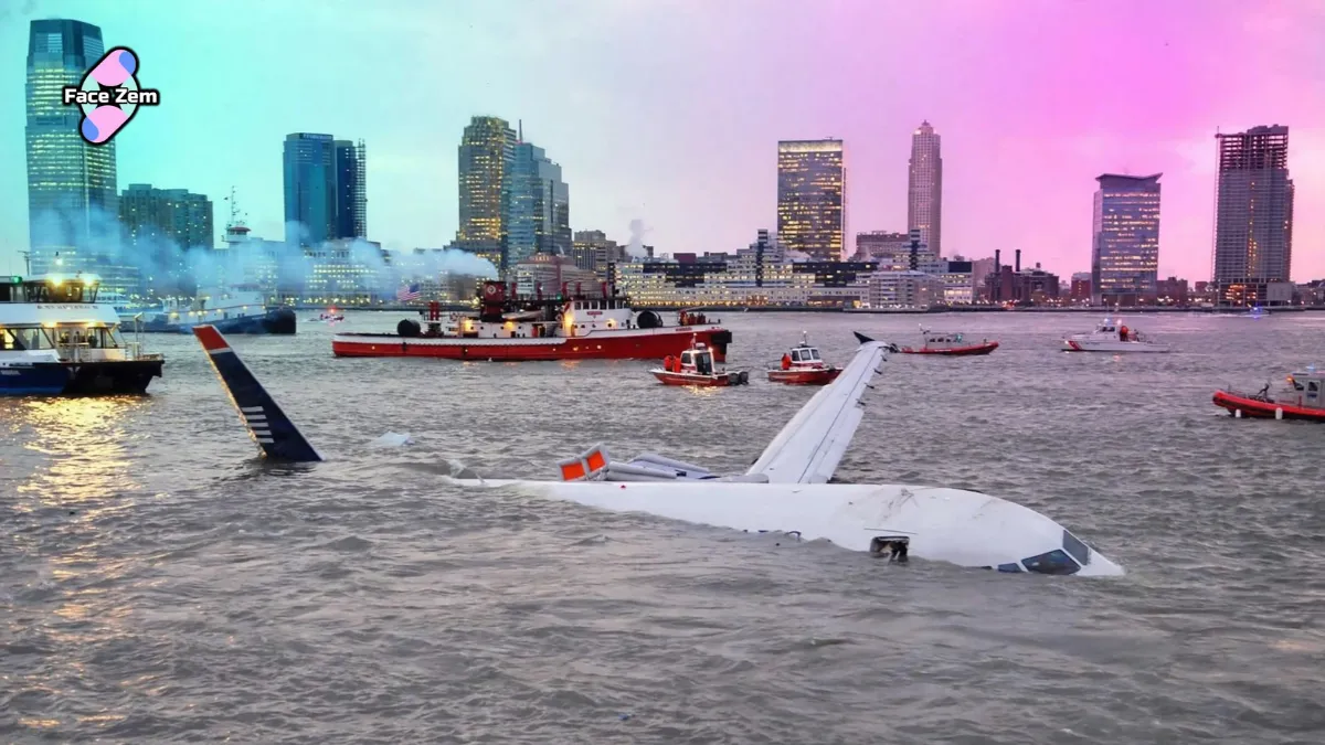 The wreckage of US Airways Flight 1549 floating in the Hudson River surrounded by rescue boats near the New York City skyline.